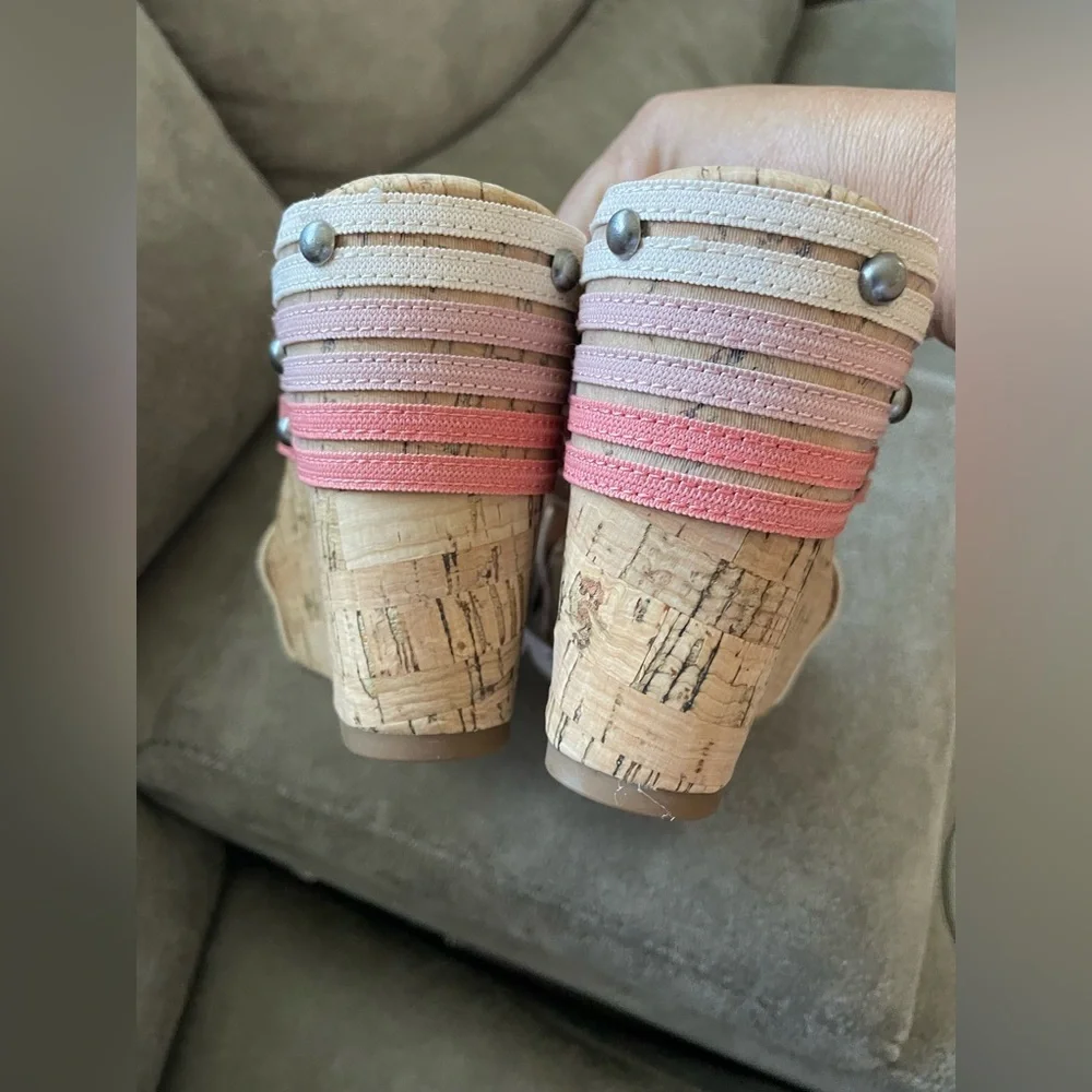Lucky Brand Sandals Womens 8.5 M Mykayla Cork Wedge Heels Slide Slip On Pink - Picture 3 of 4